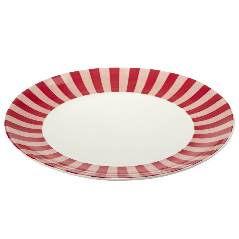Assiette plate porcelaine motifs noeud et rayures blancs et rouges Ø26,5cm