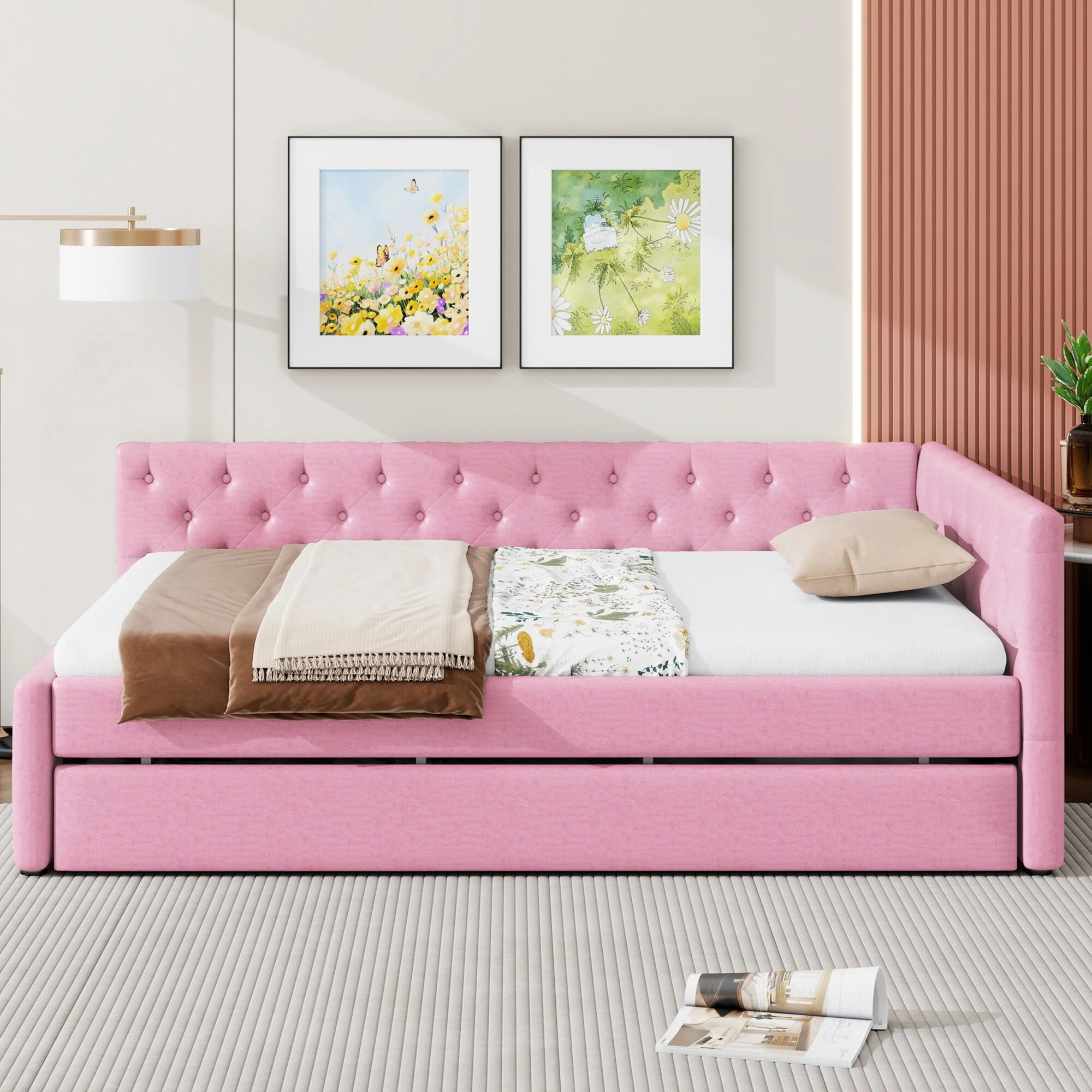 Full XL Size Upholstered Tufted Button Platform Bed with Twin XL Trundle