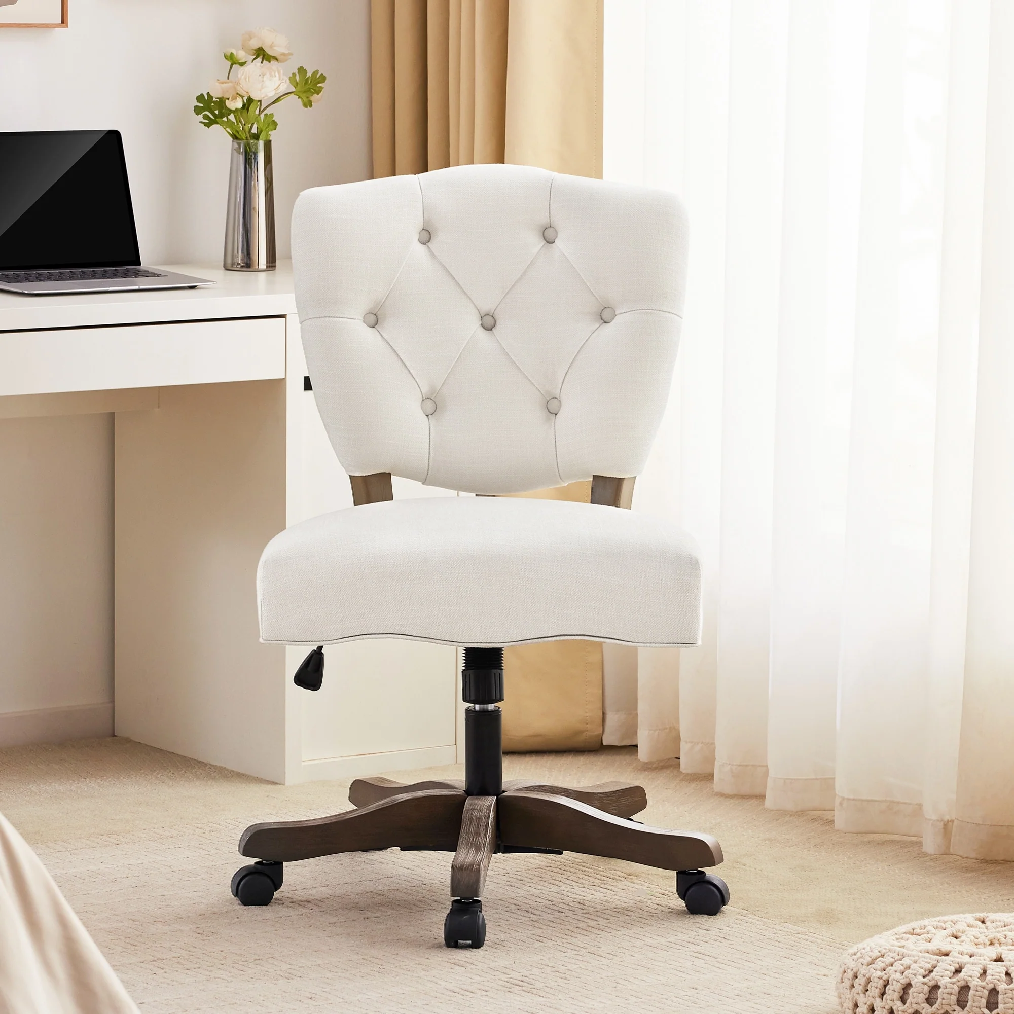 Home Computer Office Chair with Wheels Beige/ Cream/ Grey Adjustable Height, Linen Fabric Upholstered Chair Swivel