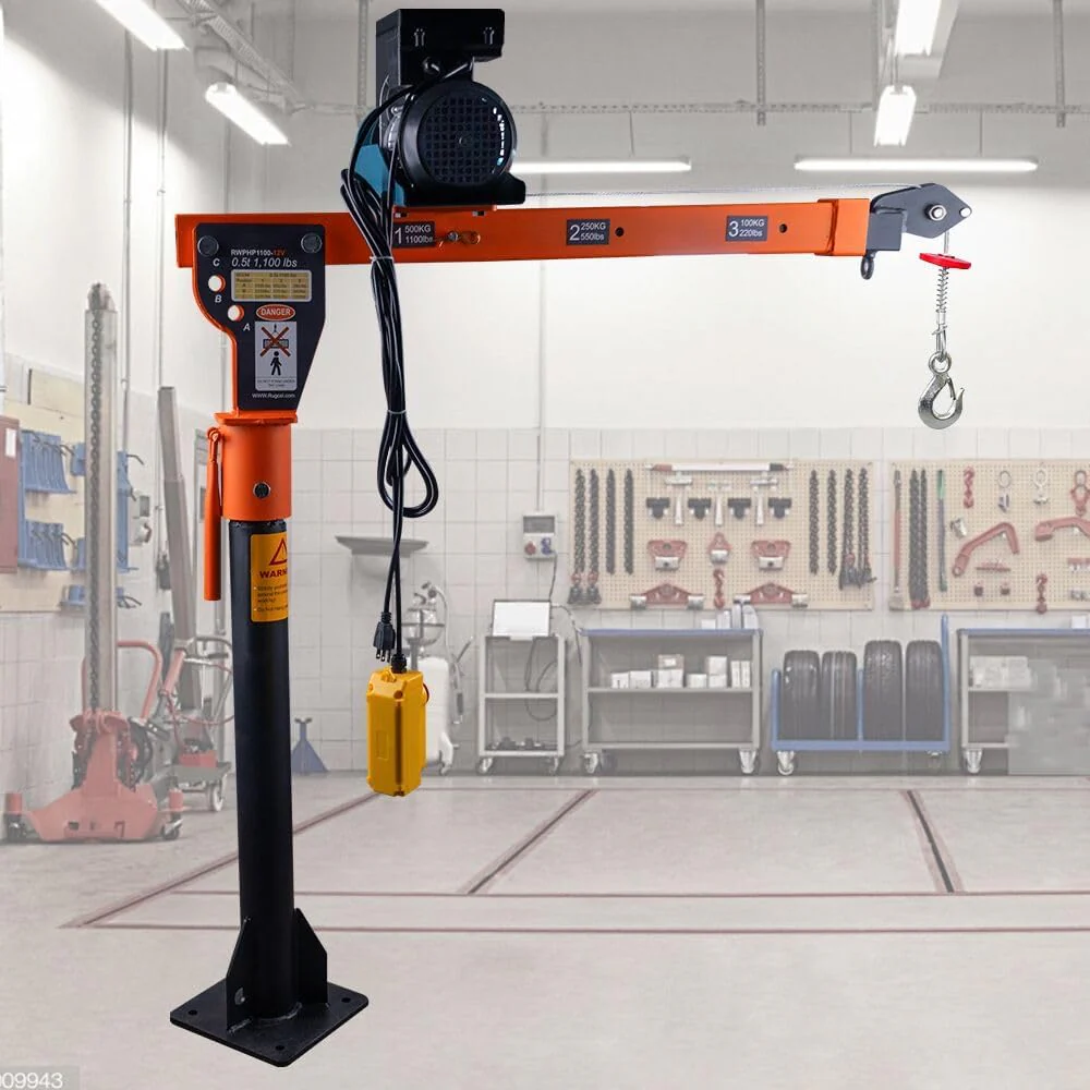 1100lb Folding Dismountable Household Hoist Truck Crane with Electric Hoist (110V)  880lb Pulling Force, Jib Cranes for Factory, Warehouse, Construction(1100LB+110V Hoist)