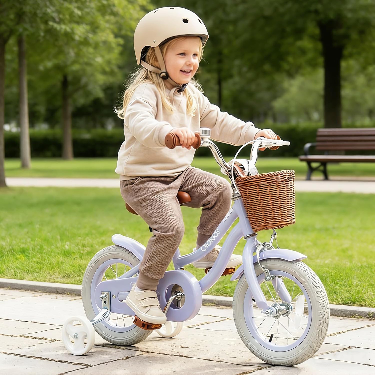 Olakids Kids Bike, 12 14 16 18 20 Inch Toddlers Bike with Training Wheels Rattan Basket Safety Bell Adjustable Seat and Handlebar, Children's Bicycle for Girls Boys