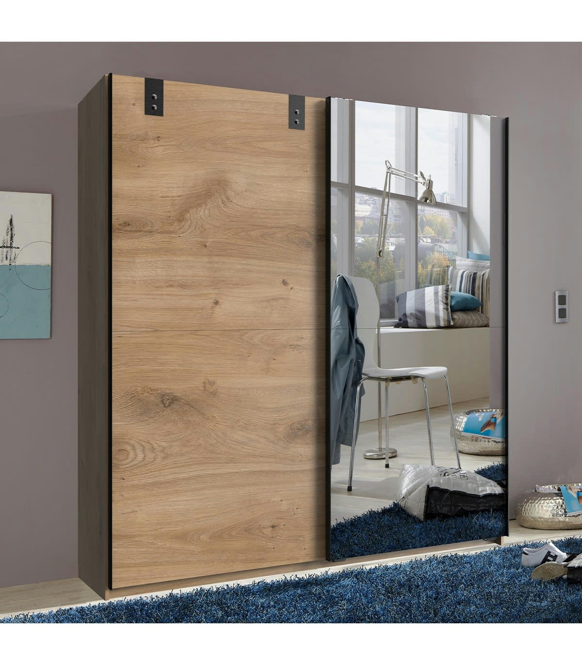 - Armoire 2 portes coulissantes 1 porte miroir + 1 porte chêne - L180 cm