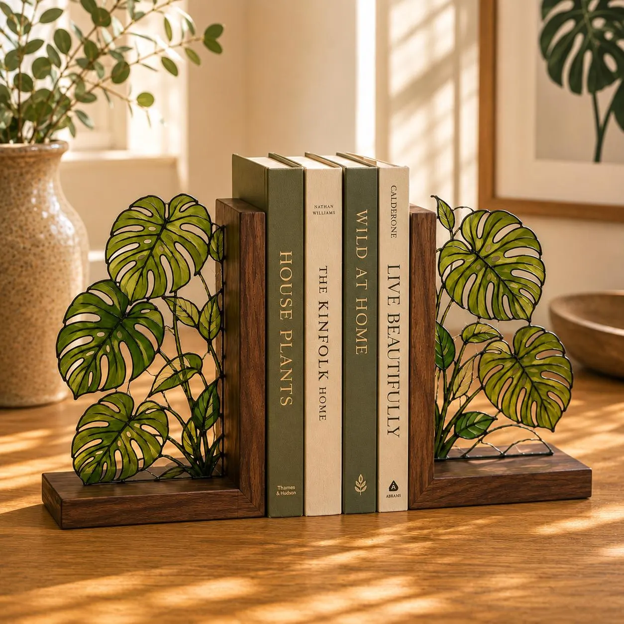 Monstera Stained Glass Bookends, Walnut Wood Botanical Book Decor, Tropical Plant Bookshelf Accent, Book Lover Gift, Housewarming Gift