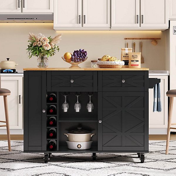 Îlot de Cuisine avec Plateau Pliable, 5 Roulettes Verrouillables, Porte-Bouteilles et Porte-Verres, Noir, 120x45(70)x89 cm