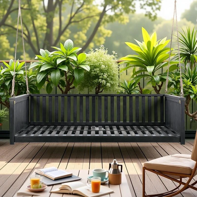 Acacia Wood Twin-Size Porch Swings Bed with 350lb Capacity, Includes Hemp Ropes and Sloped Safety Design