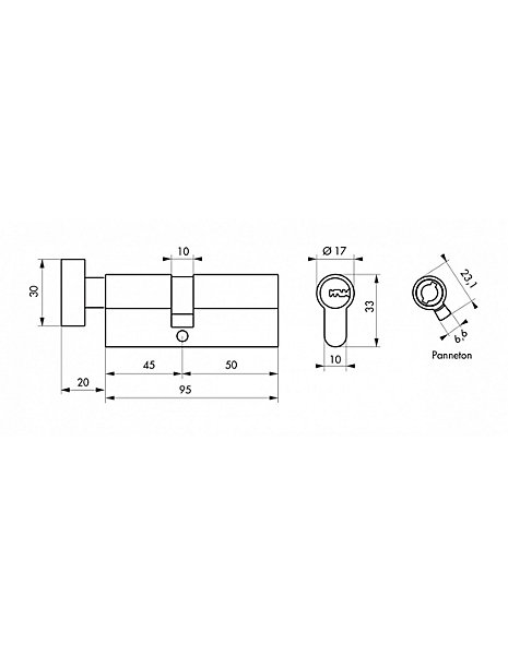 Cylindre de serrure à bouton 5G, 45Bx50mm, laiton, anti-arrachement, 5 clés - SP
