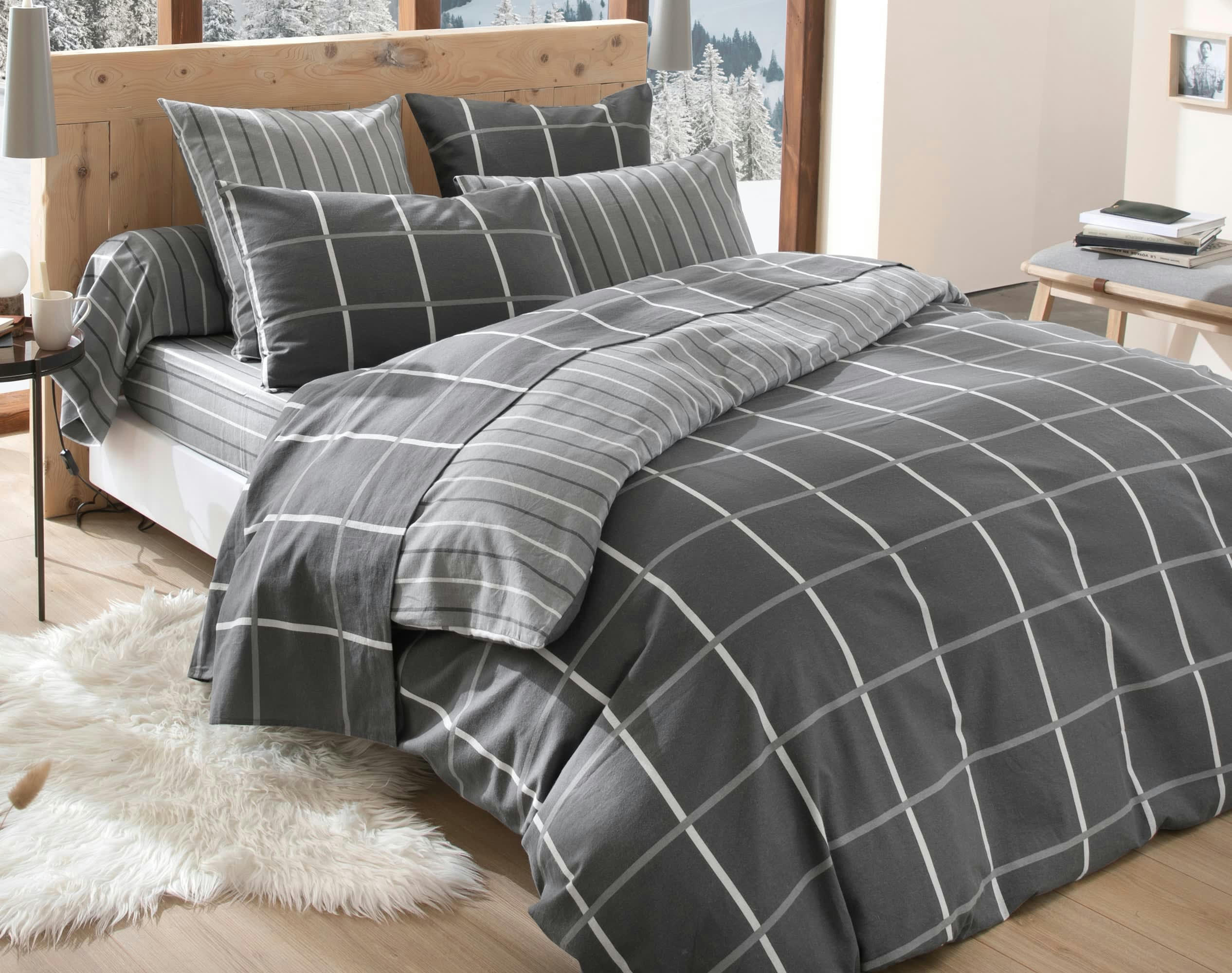 CARREAUX - Housse de couette réversible 140x200 grise en flanelle de coton