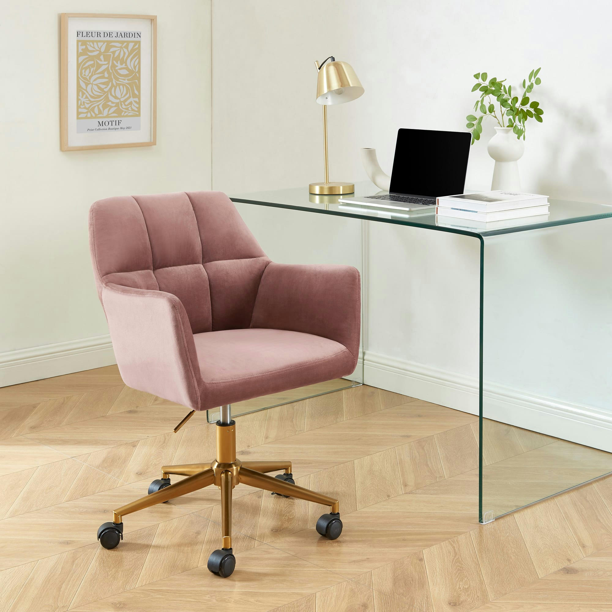 MONACO - Fauteuil de bureau   en velours rose avec pieds dorés