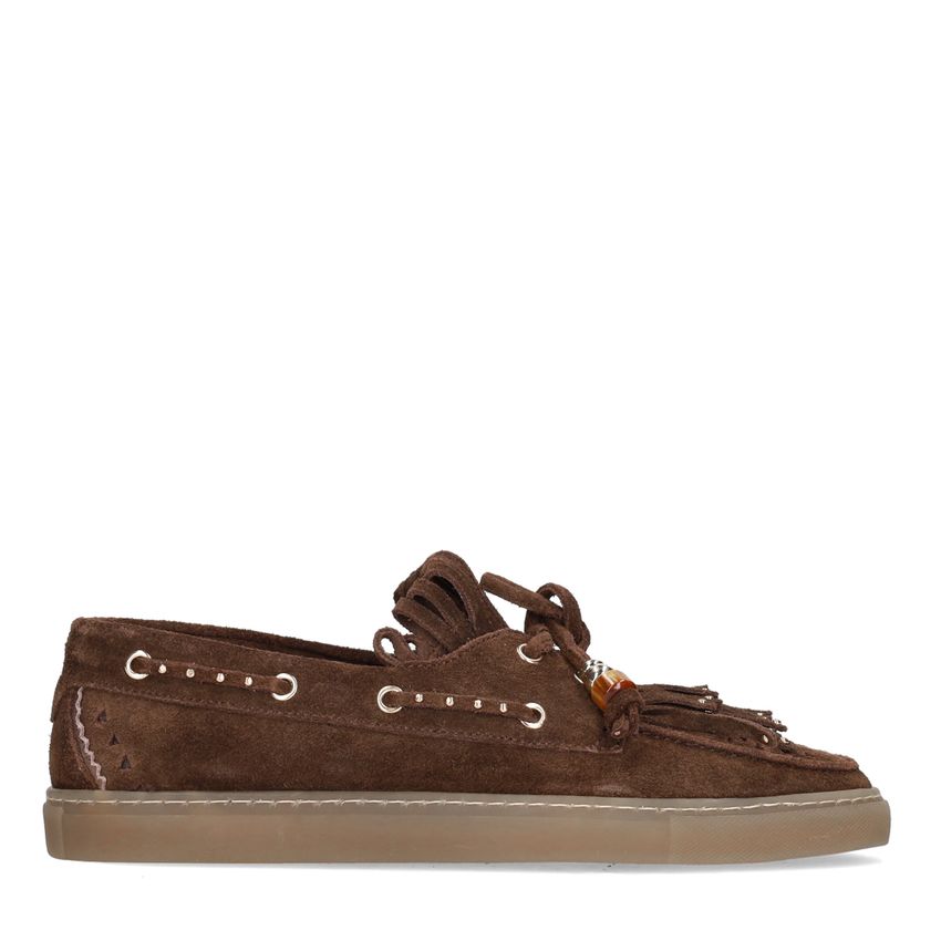 Manfield Bruine suède boatloafers met franjes
