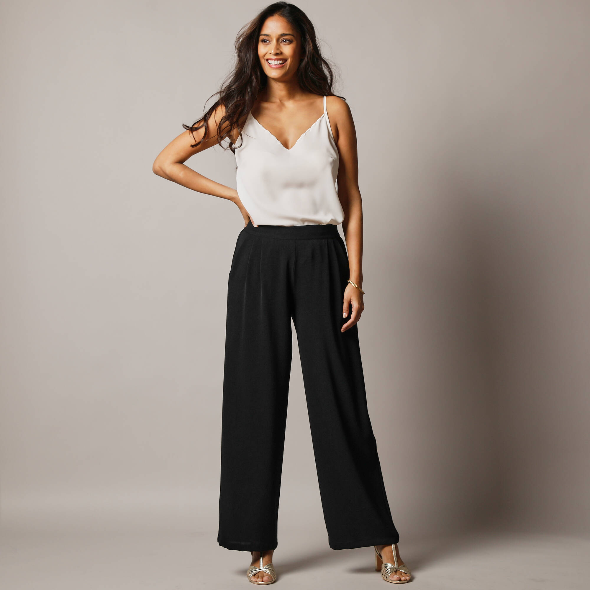 Pantalon large taille haute à enfiler, cr&ecirc;pe fluide