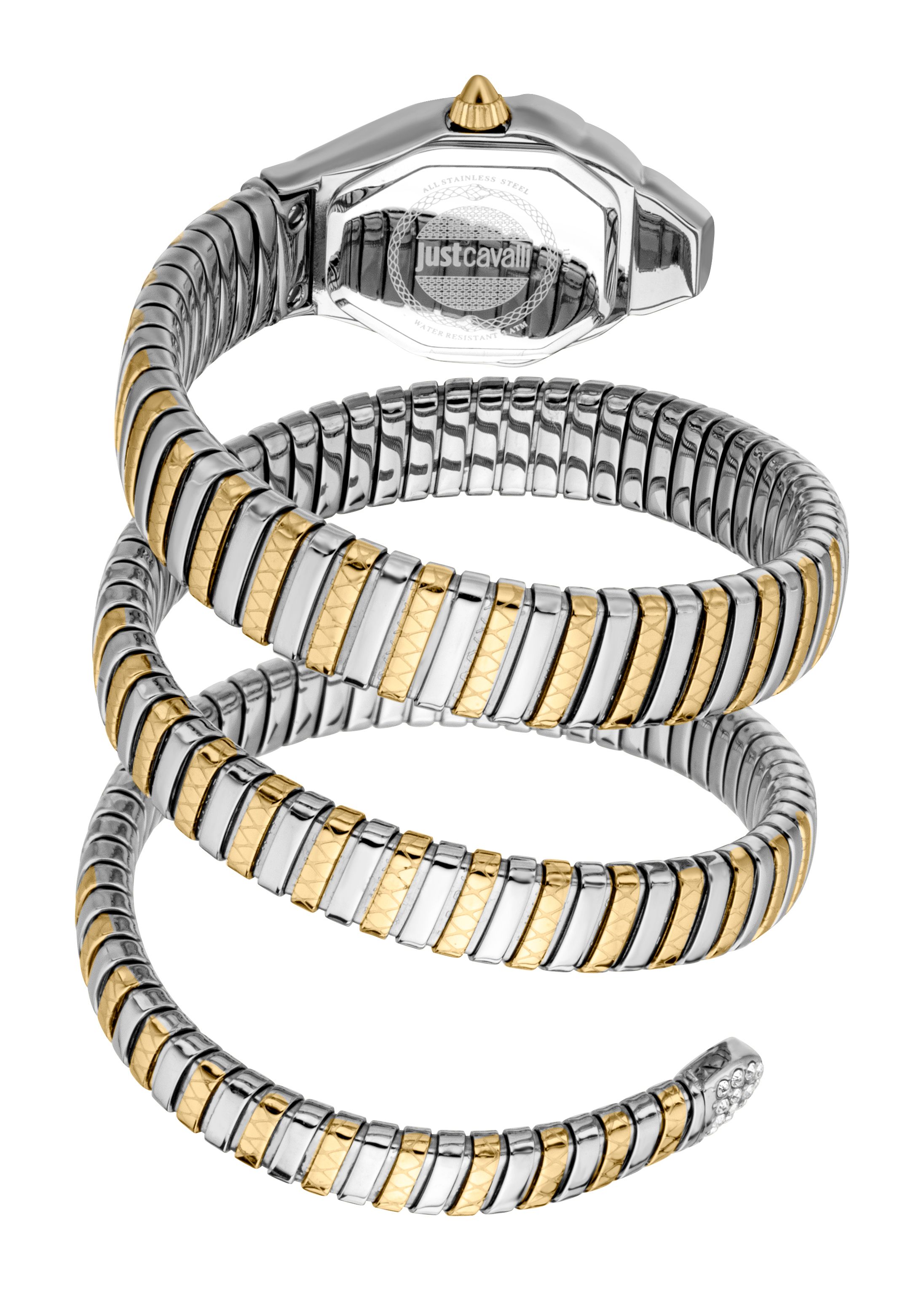 Just Cavalli Women's Snake Watch Gold Case Silver Dial Two Tone Silver SS Bracelet