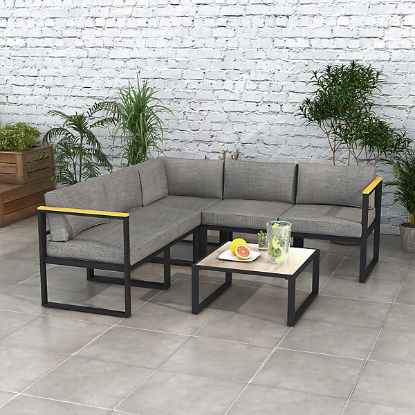 Ensemble salon de jardin d'angle 5 places design contemporain table basse coussins alu