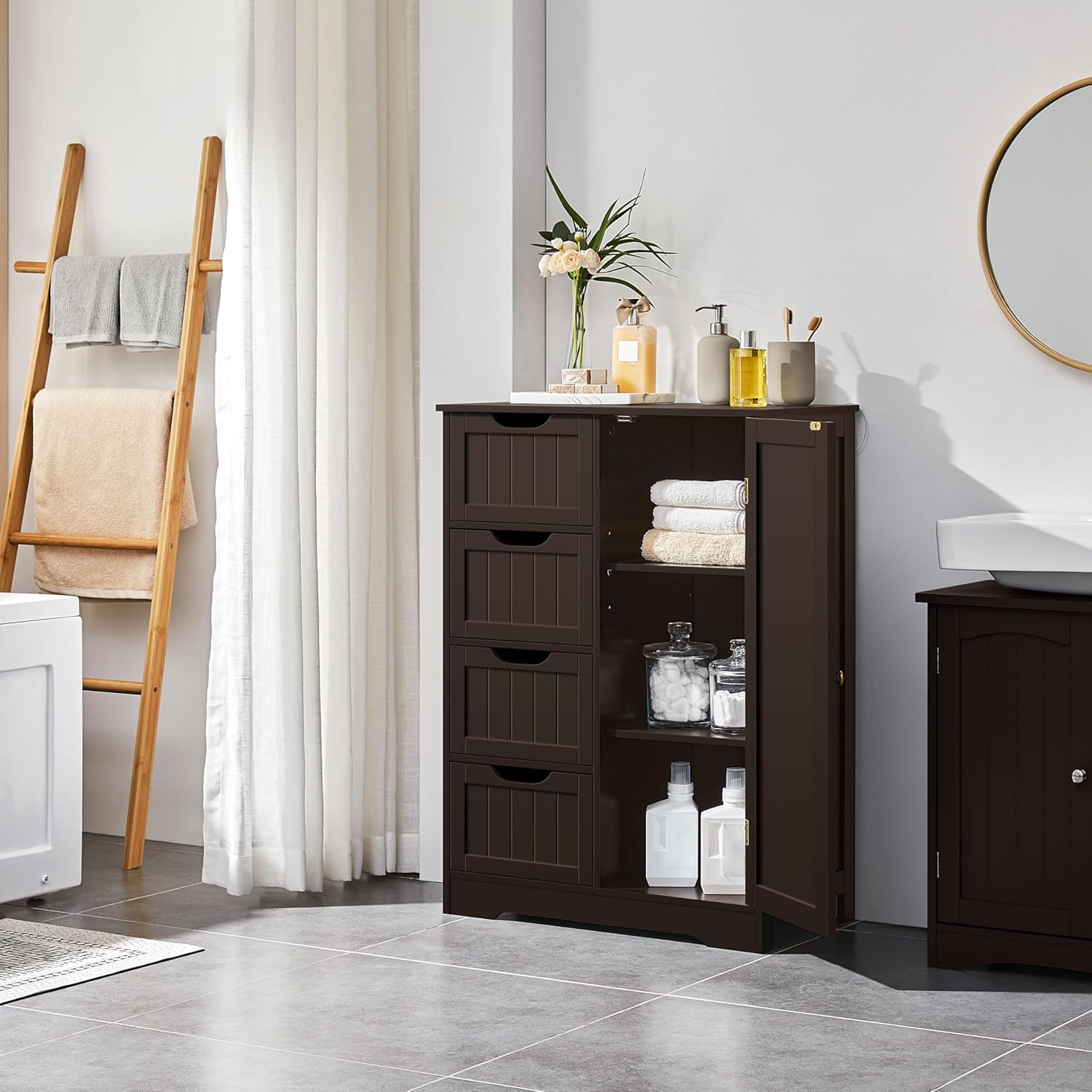 Yaheetech Large Bathroom Floor Cabinet with 4 Drawers and Single Door Cabinet, Freestanding Storage Cabinet for Living Room Kitchen Hallway, Espresso