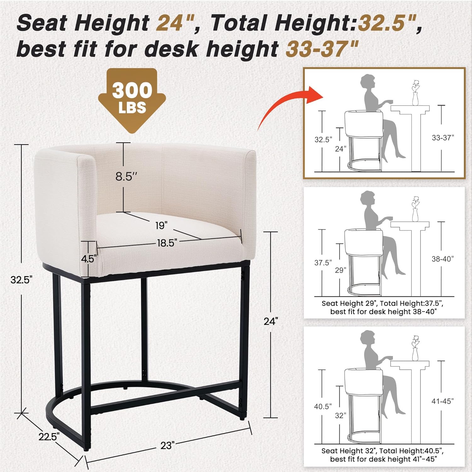 HNY Modern Counter Height Linen Fabric Upholstered Counter Stools Set of 3, 24 Inch Kitchen Island Stool with Black Tubular Frame, Cream