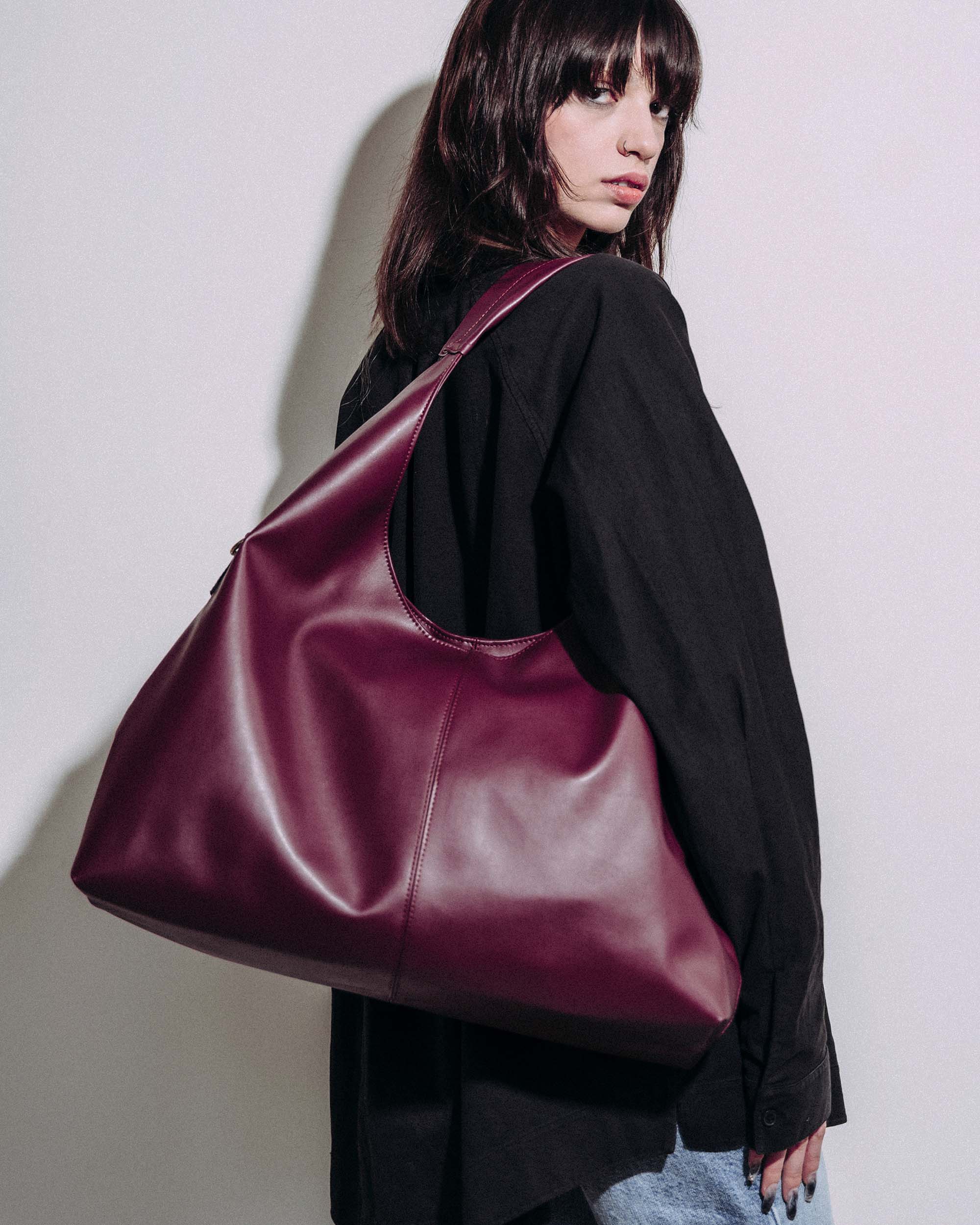 BOHEMA - Slouchy Shopper Burgund, ze skóry roślinnej, polska rodzinna marka