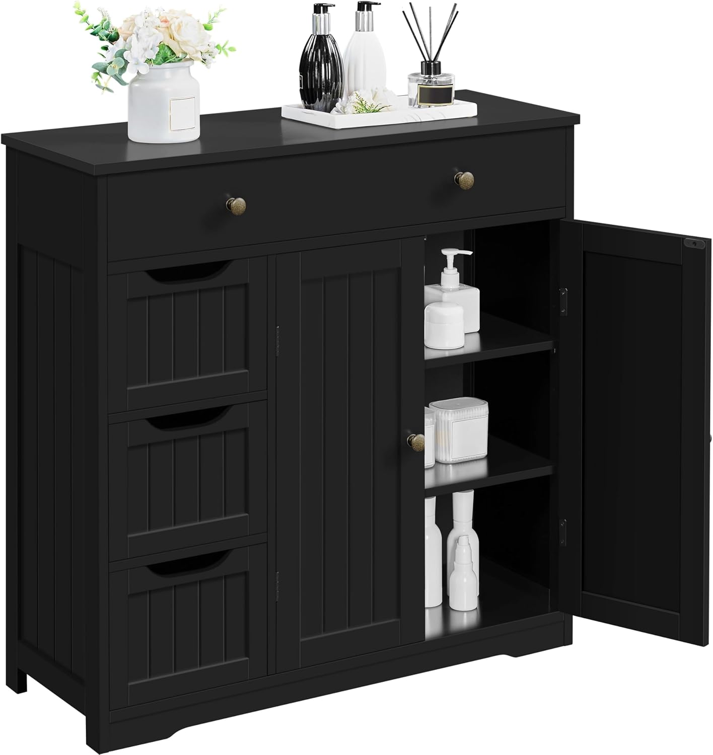 Topeakmart Storage Cabinet with 4 Drawers and 2 Doors, Adjustable Shelves, Freestanding Cabinet for Kitchen, Dining Room, Living Room, Entryway, Black