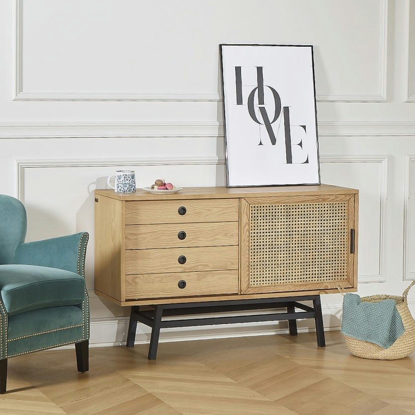 LALALA - Buffet en chêne cannage et métal noir mat  L 121 cm