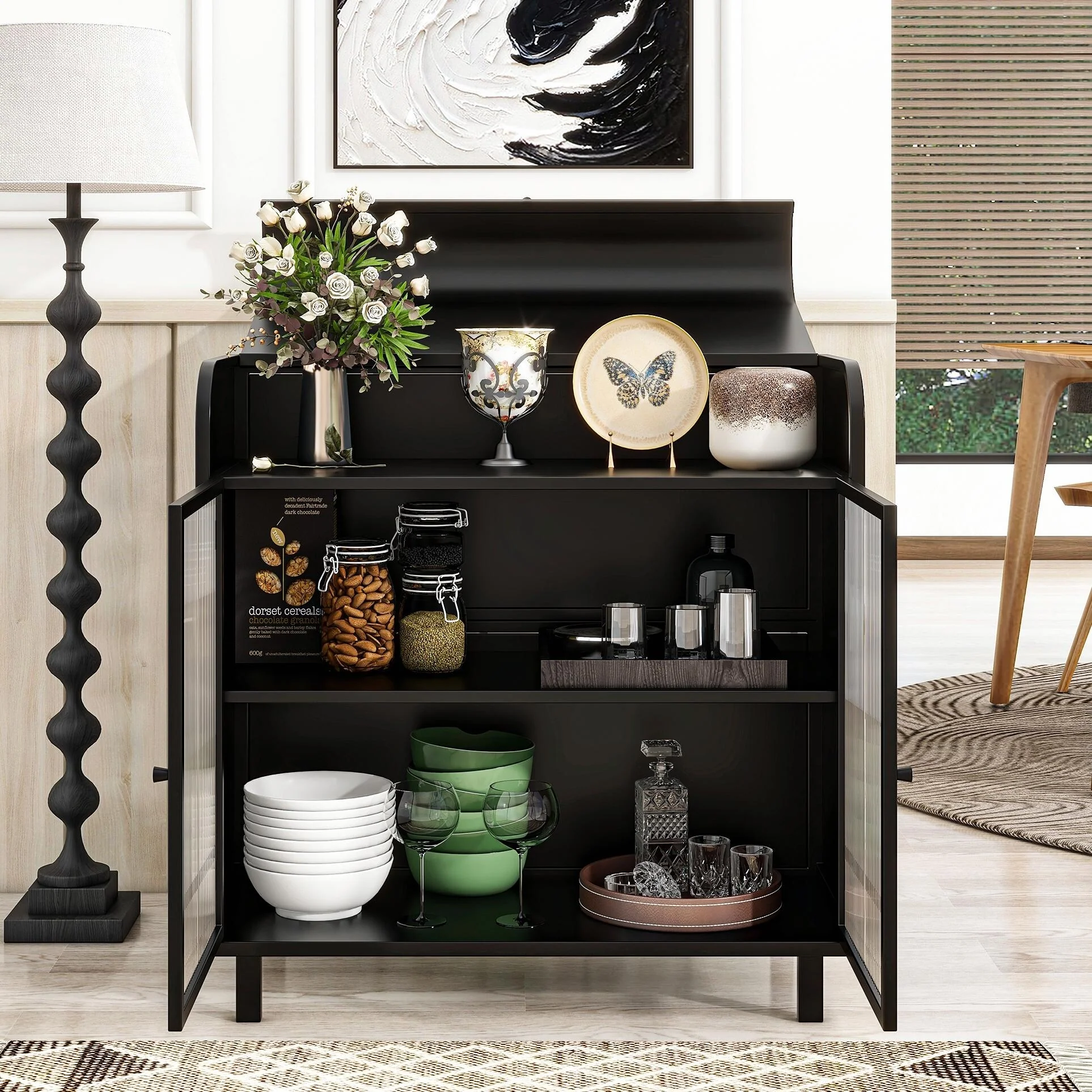 Industrial Glass Storage Cabinet - 2-Tier Shelves, Flip-Top Compartment