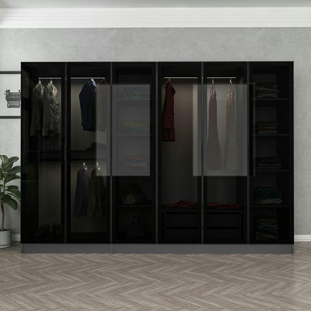 Dressing design 6 portes verre noir & cadre anthracite BYRON