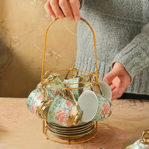 NNETM Green Elegance in Bloom: 20-Piece Ceramic Tea and Coffee Set with Iron Rack