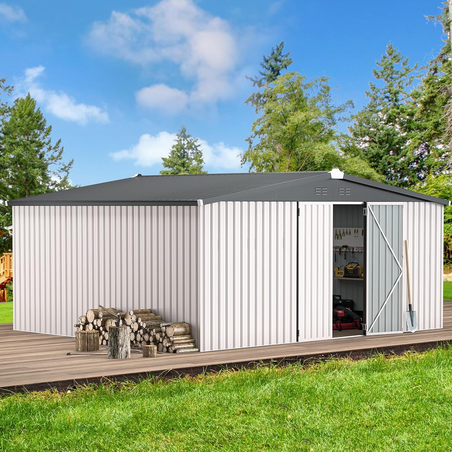AECOJOY 12' x 14' Outdoor Storage Shed  Large 14x12 Metal Sheds & Outdoor Storage Clearance Steel Yard Shed with Lockable Doors  Utility Tool Storage Garden Shed for Backyard  Patio and Outside use