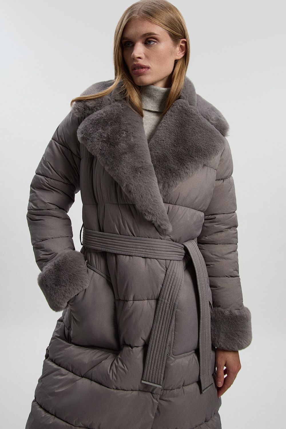 KarenMillen Faux Fur Lined Belted Longline Puffer Coat