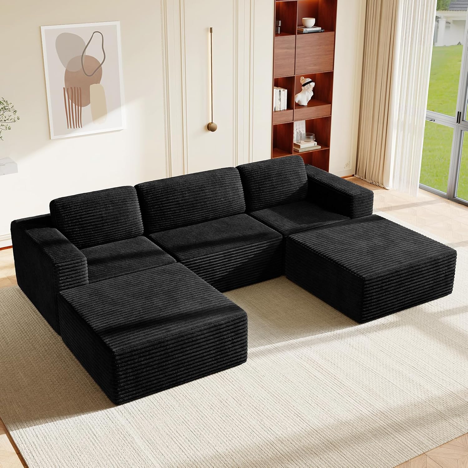 Vesgantti 119 Oversized U-Shaped Modular Sectional Sofa, Corduroy Cloud Couch with Deep Seating & Spring Support, Convertible Sofa with 2 Ottomans, Boneless Couch, No Assembly Required, Black