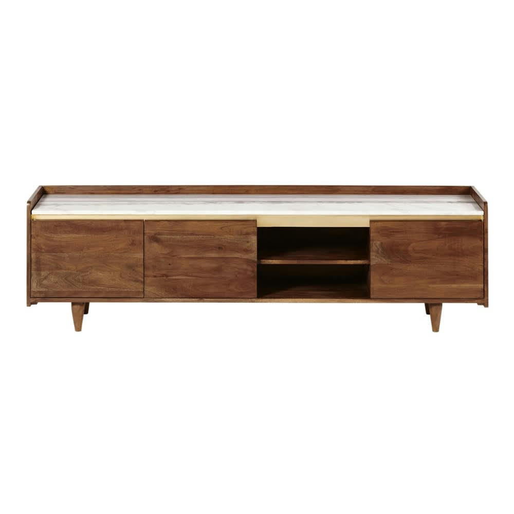 Cappuccino - Meuble TV 3 portes en acacia massif et marbre blanc