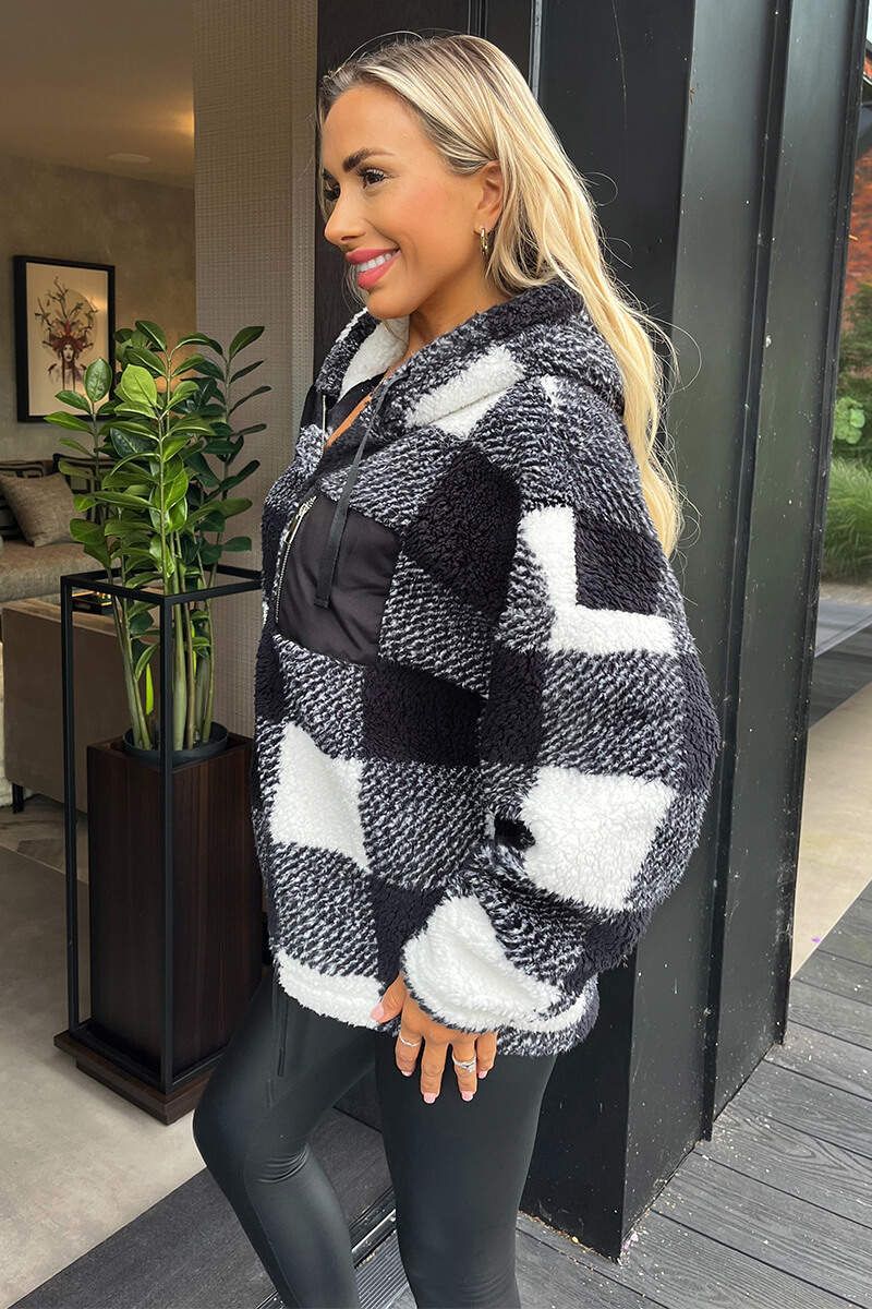 AX Paris Black Check Pocket Detail Hooded Teddy Jacket