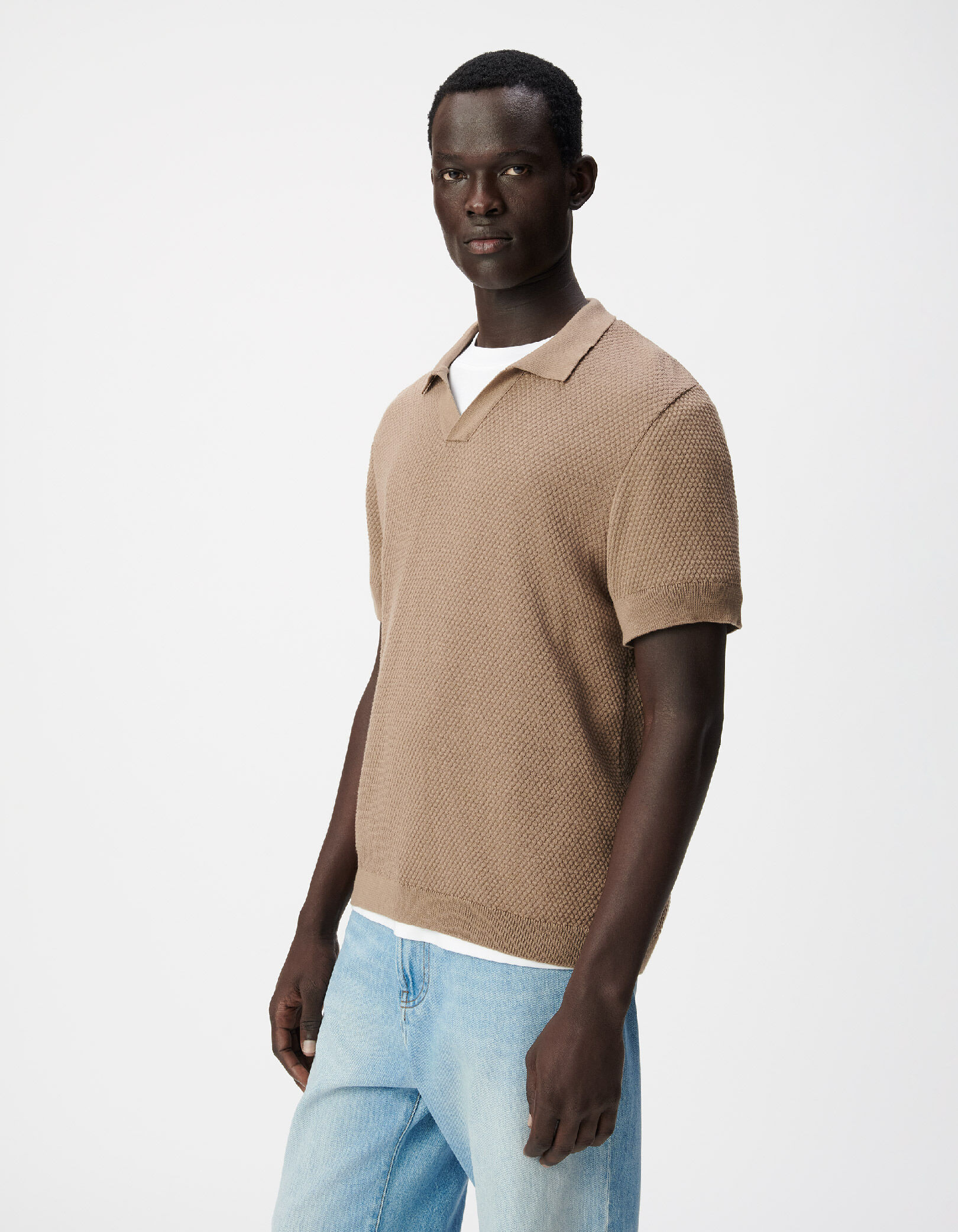 Polo beige tricot fin relief Homme