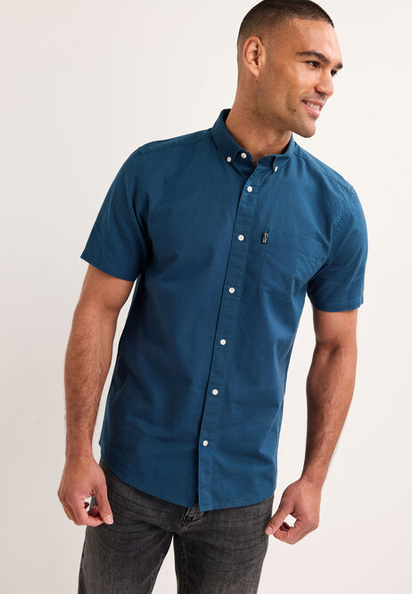 Mens Teal Cotton Oxford Short Sleeve Shirt