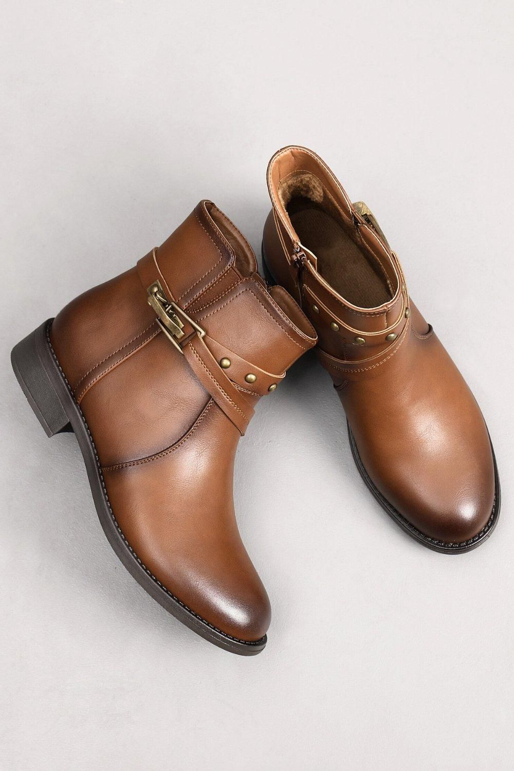 IVACHY Metalic studs Almond Toe Fur Lining Ankle Boots with Buckle and Zip Closure