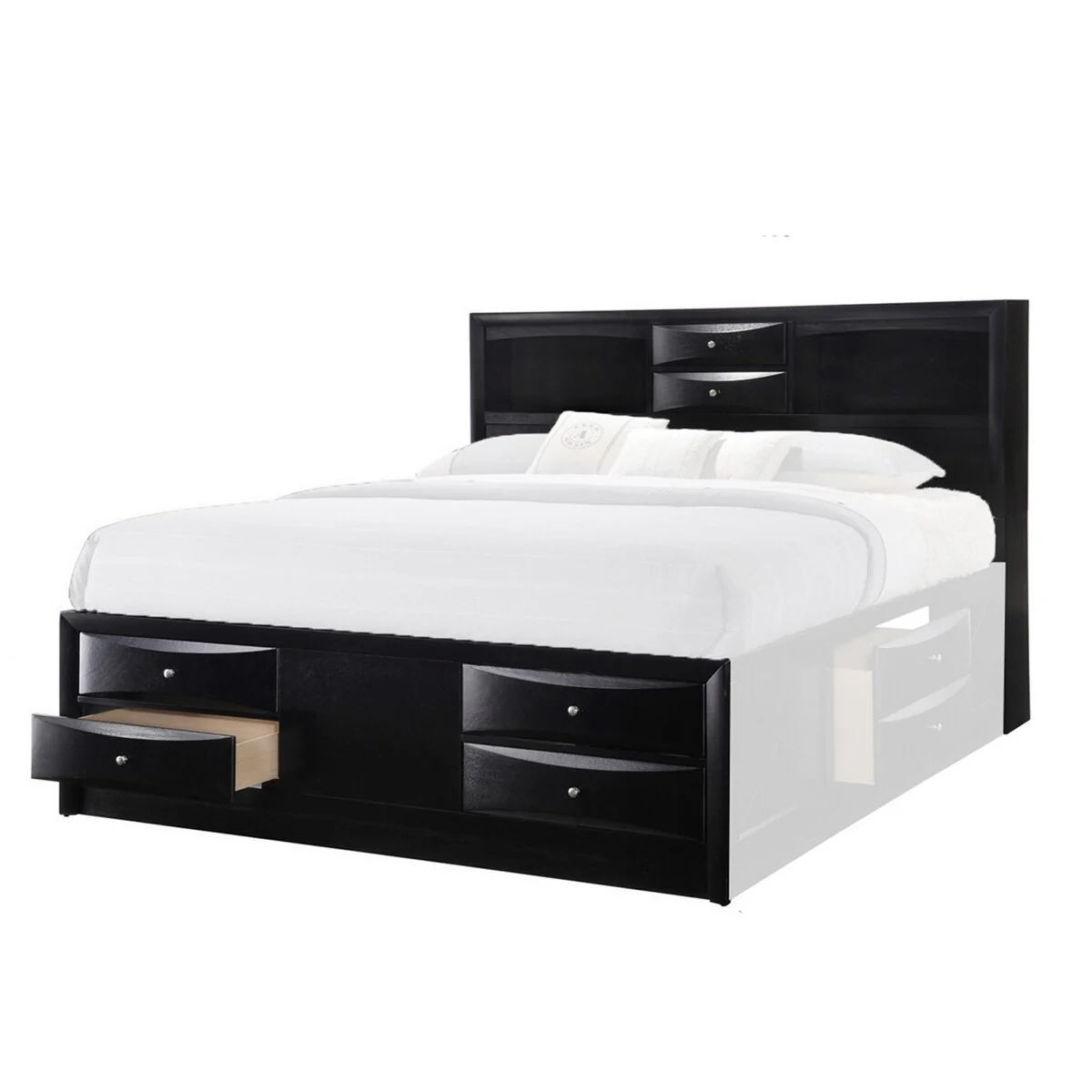 Queen Headboard and Footboard with 6 Beveled Front Drawers, Black