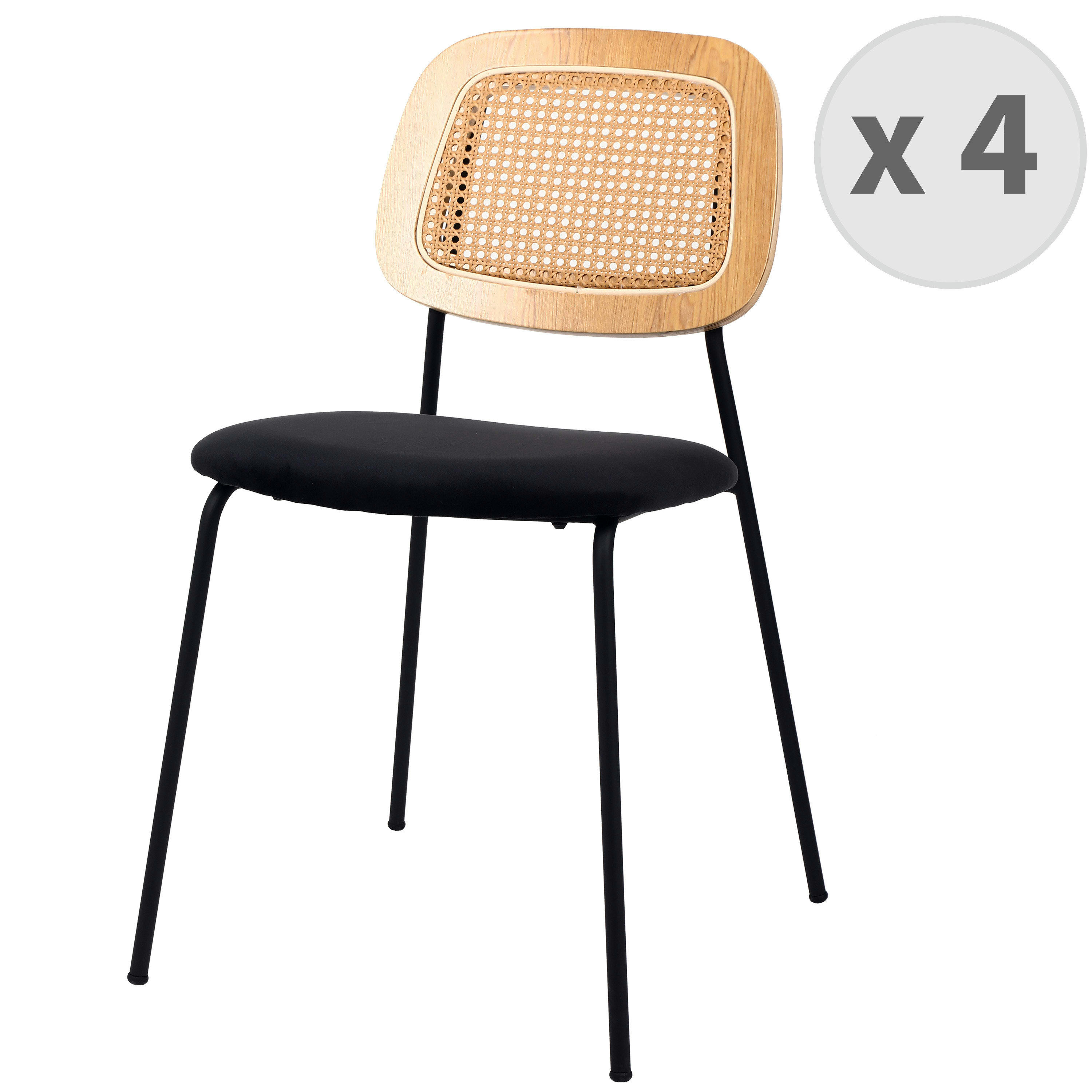 MYA - Chaise en métal noir mat, cannage et velours Noir (x4)
