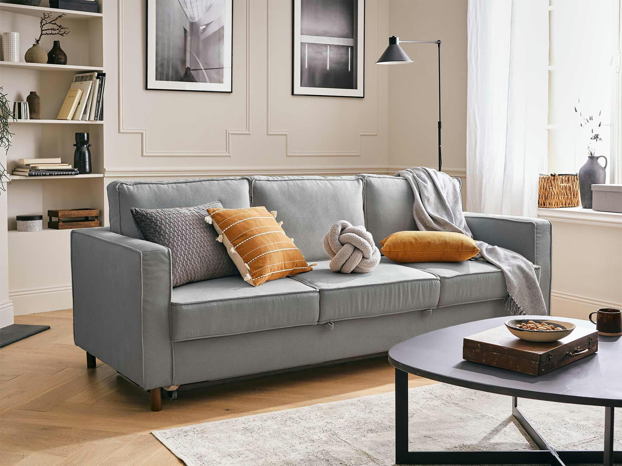 JAKE - Canapé droit convertible 3 places en velours côtelé gris clair