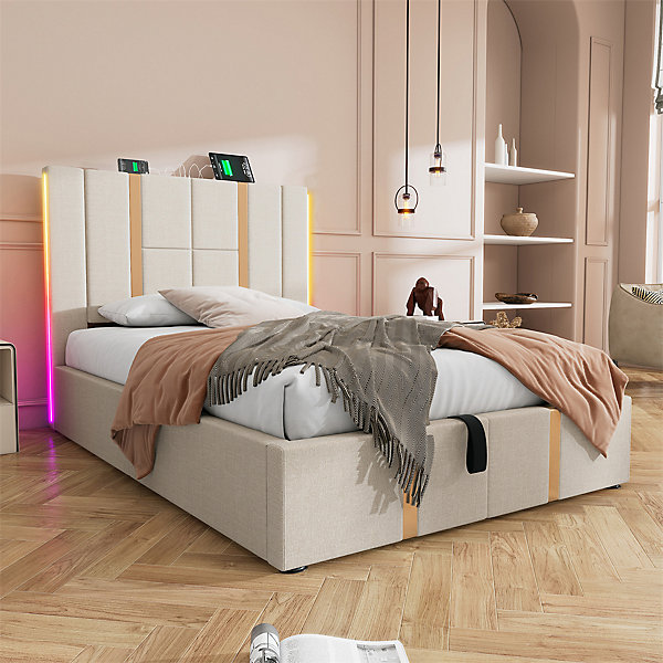 Lit adulte lit 90x200 cm lit rembourré lit de rangement lit sommier à lattes en bois Single lin beige