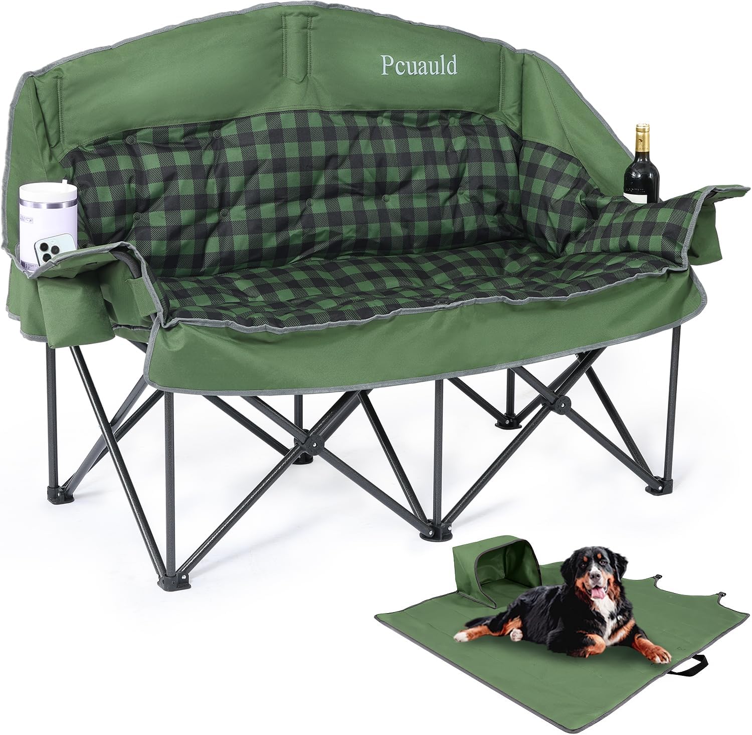 Double Camping Chair Padded Loveseat for Adults, Oversized 2 Person Camp Couch with 2 in 1 Carry Bag, Heavy Duty Folding Outdoor Sofa with Cup Holders for Lawn Beach Tailgating, Green