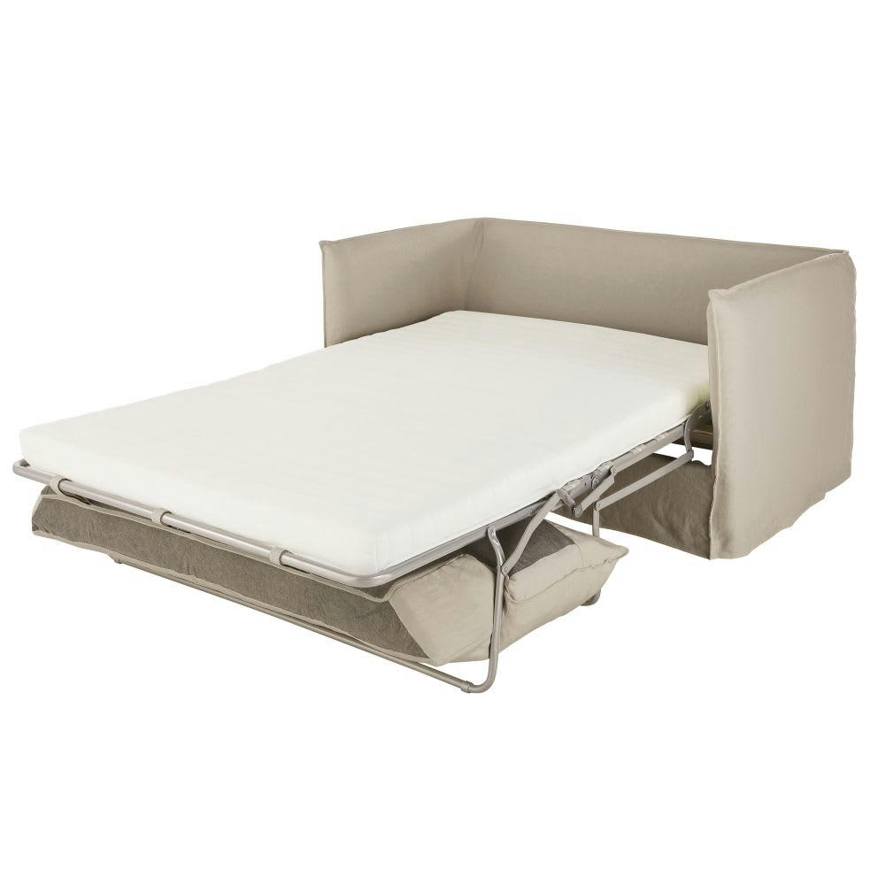 Louvain - Canapé convertible 2/3 places en lin supérieur beige, matelas 10 cm