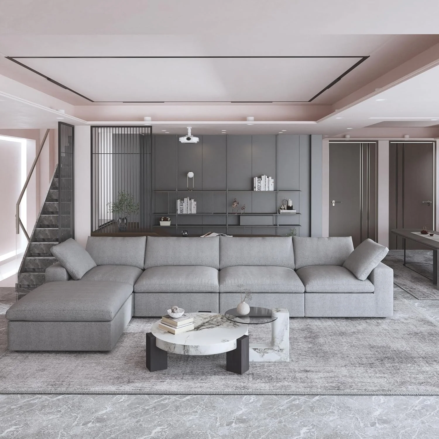 160.6 Modern Linen Sectional Sofa，4-seater Modular Couch with Storage Ottoman for Living Room.