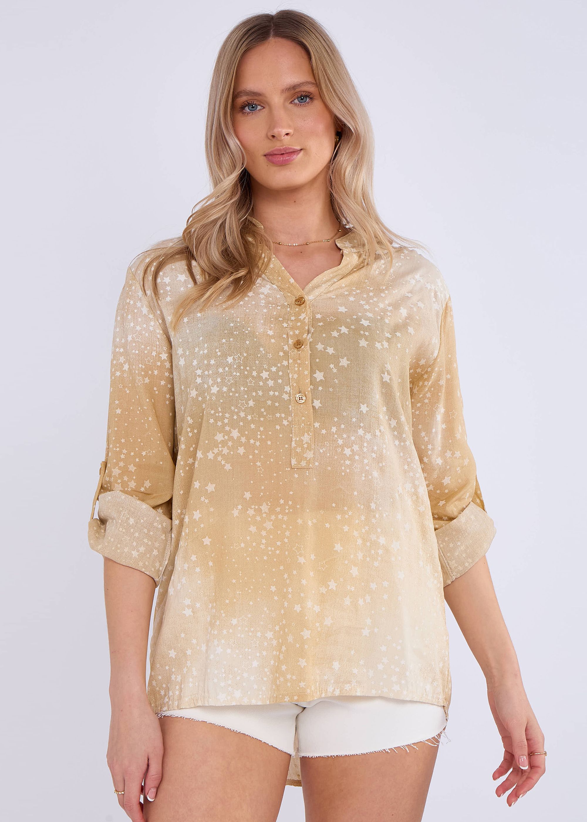 Gini London Beige Denim Look Roll Up Sleeves Oversized Top