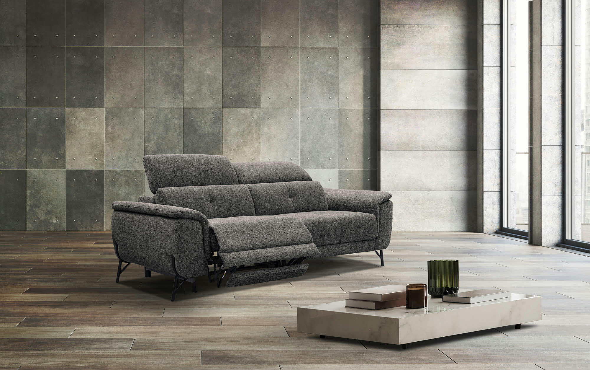 AVENA - Canapé 3 places avec une relax électrique à gauche tissu gris foncé