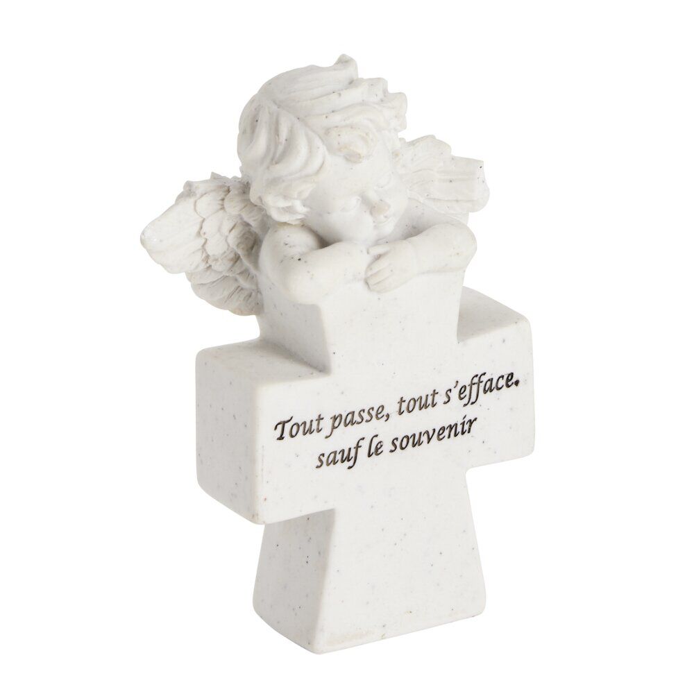 Décoration funéraire ange pensif sur croix polyrésine 12x5xH17cm