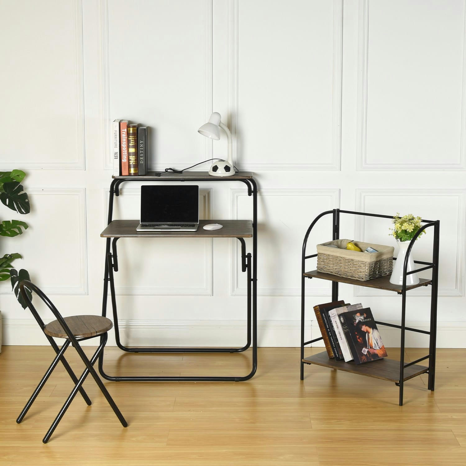 - Ensemble bureau et chaise et étagère pliable bois métal