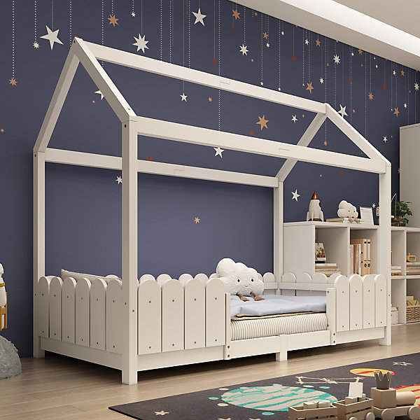 Lit enfant 90x200 cm - Lit Cabane avec Clôtures et Sommier Inclus, Structure en Bois de Pin, Sans Matelas,Blanche