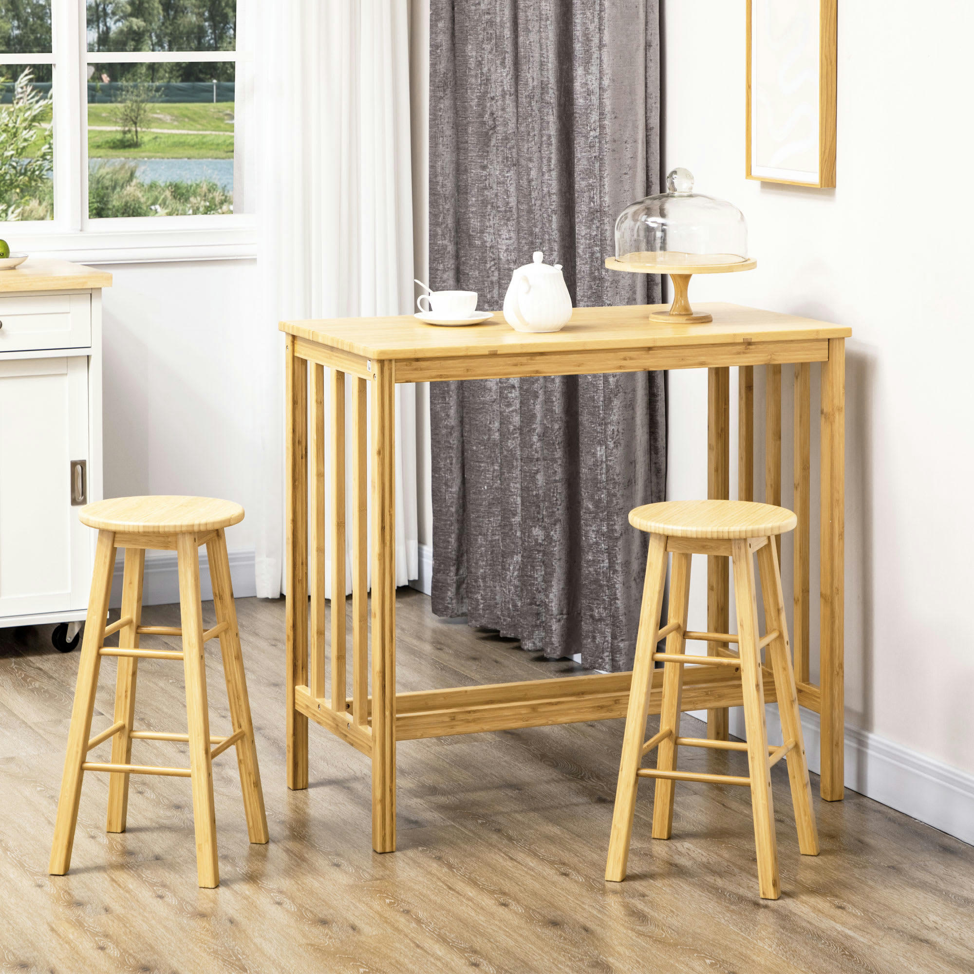 - Ensemble table de bar 2 tabourets avec repose-pieds bambou verni