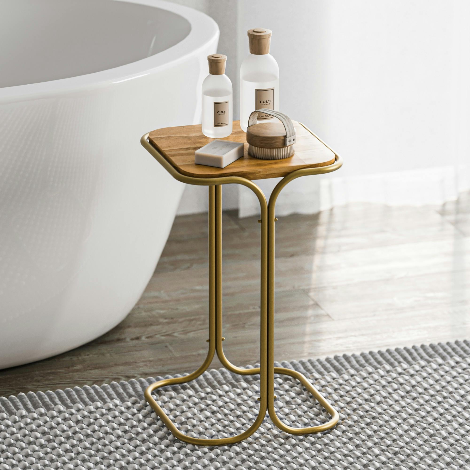 Petite table d'appoint dorée carrée - plateau bois clair JENA