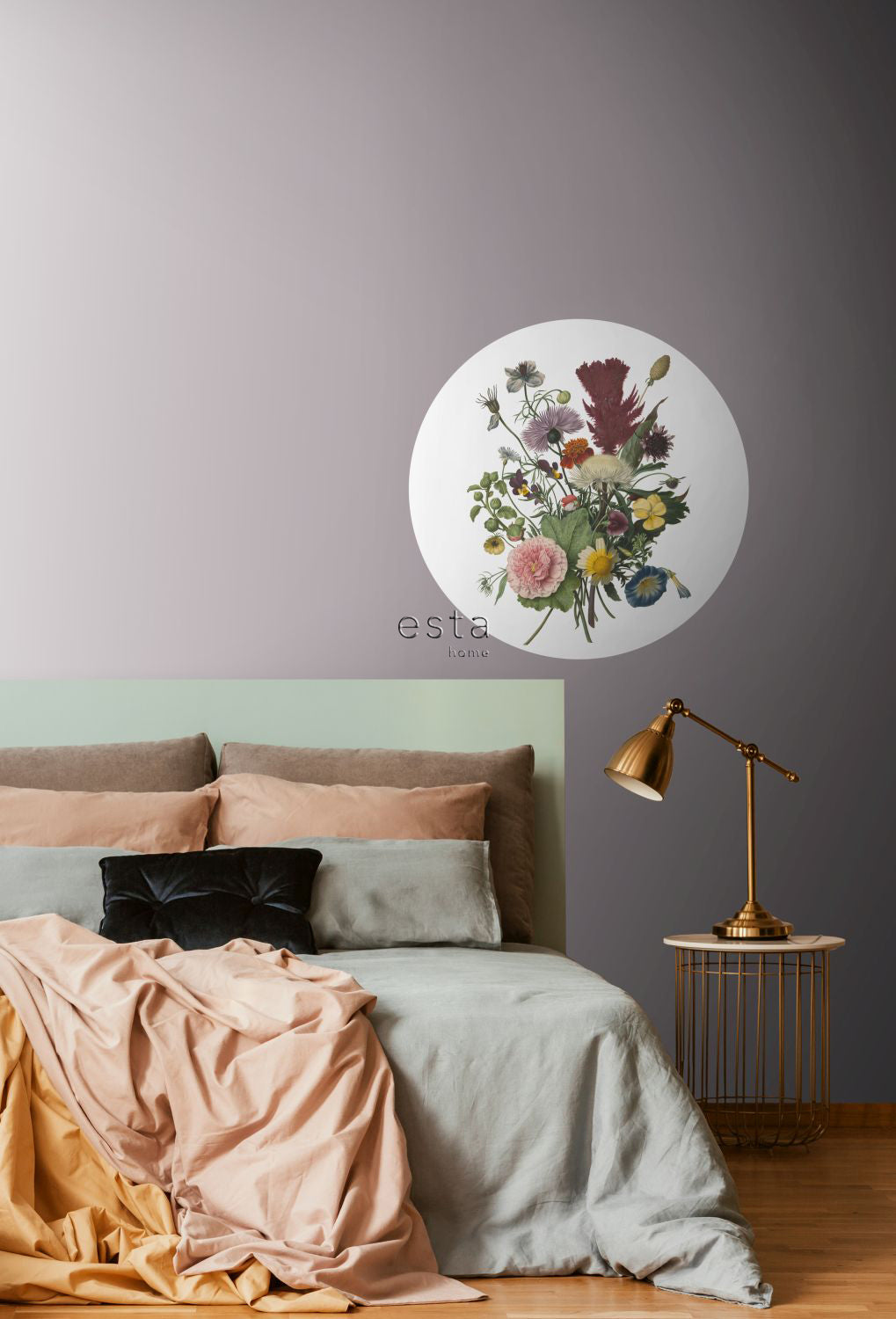 ESTAhome zelfklevende behangcirkel boeket groen, roze en geel - Ø 70 cm - 158996