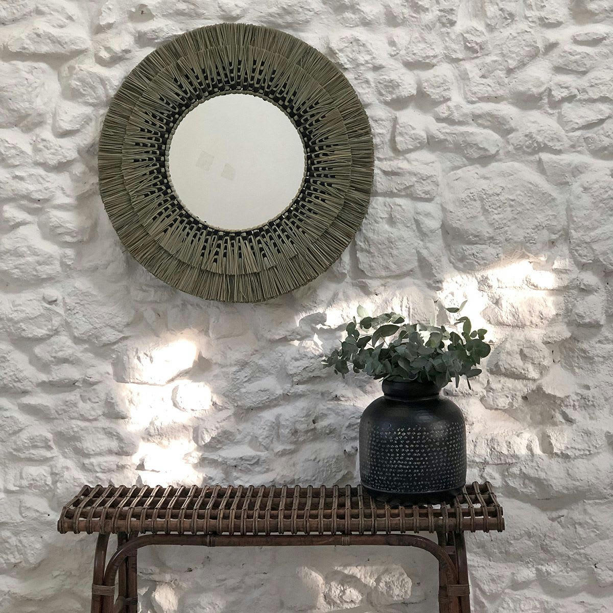 - Miroir rond en paille de mendong -40.000x3.500 cm - Beige - Fibres