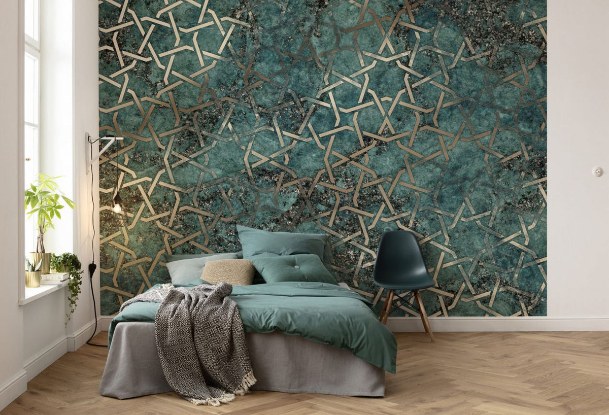 Komar fotobehang geometrische vormen petrolblauw en goud - 350 x 250 cm - 611633