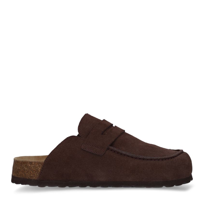 Manfield Donkerbruine suède clogs